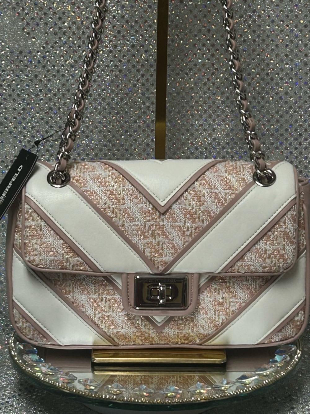 Karl Lagerfeld Pink & White Tweed Chain Shoulder Bag Approx. 11 x 7 x 3